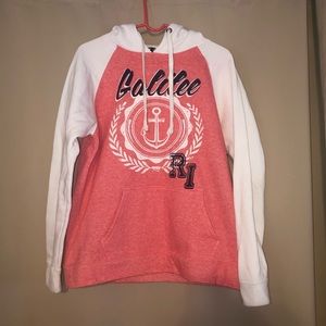 cozy pink and white sweatshirt